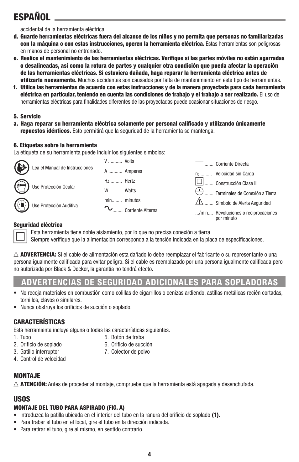 Español, Usos | Black & Decker Linea Pro BB6600 User Manual | Page 4 / 12