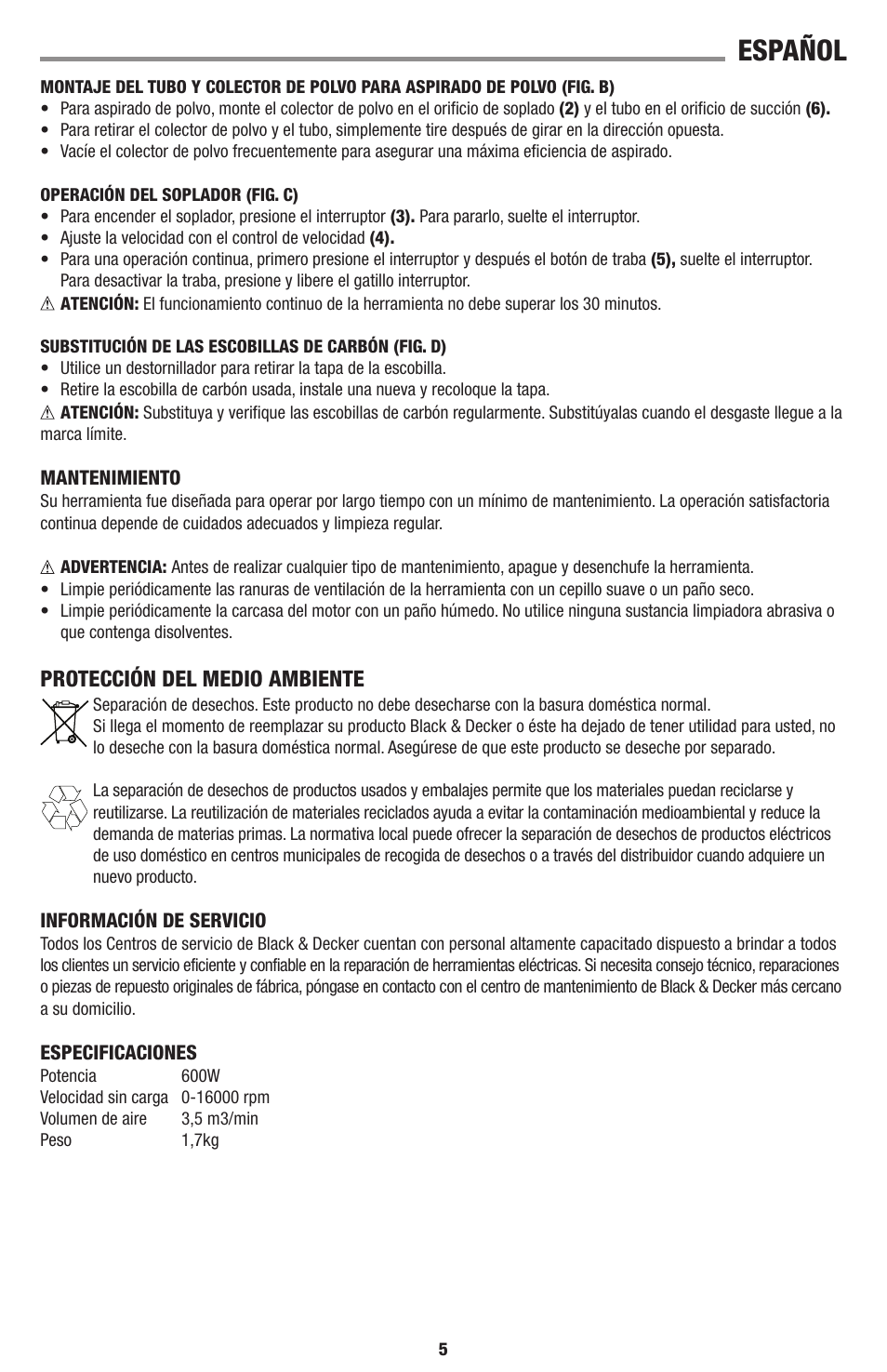 Español, Protección del medio ambiente | Black & Decker Linea Pro BB6600 User Manual | Page 5 / 12