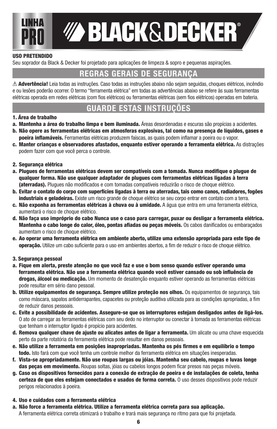 Regras gerais de segurança guarde estas instruções | Black & Decker Linea Pro BB6600 User Manual | Page 6 / 12