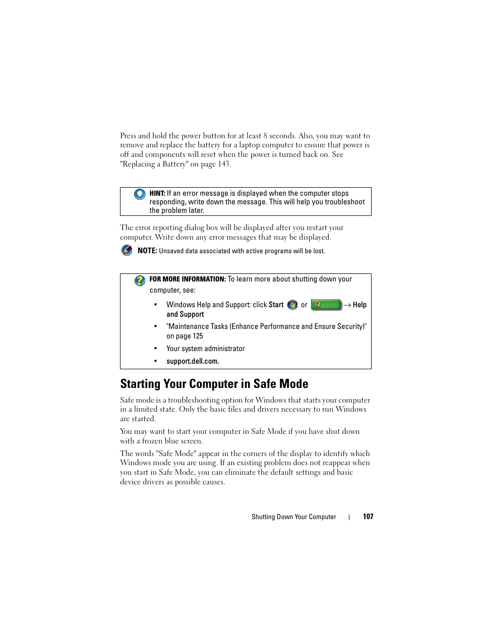 Starting your computer in safe mode | Dell Studio 1558 (Early 2010) User Manual | Page 107 / 354