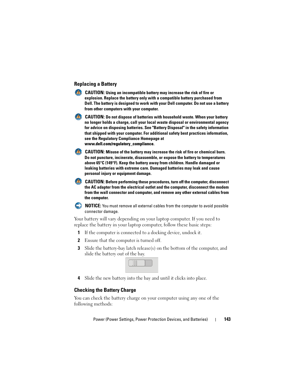 Replacing a battery, Checking the battery charge | Dell Studio 1558 (Early 2010) User Manual | Page 143 / 354