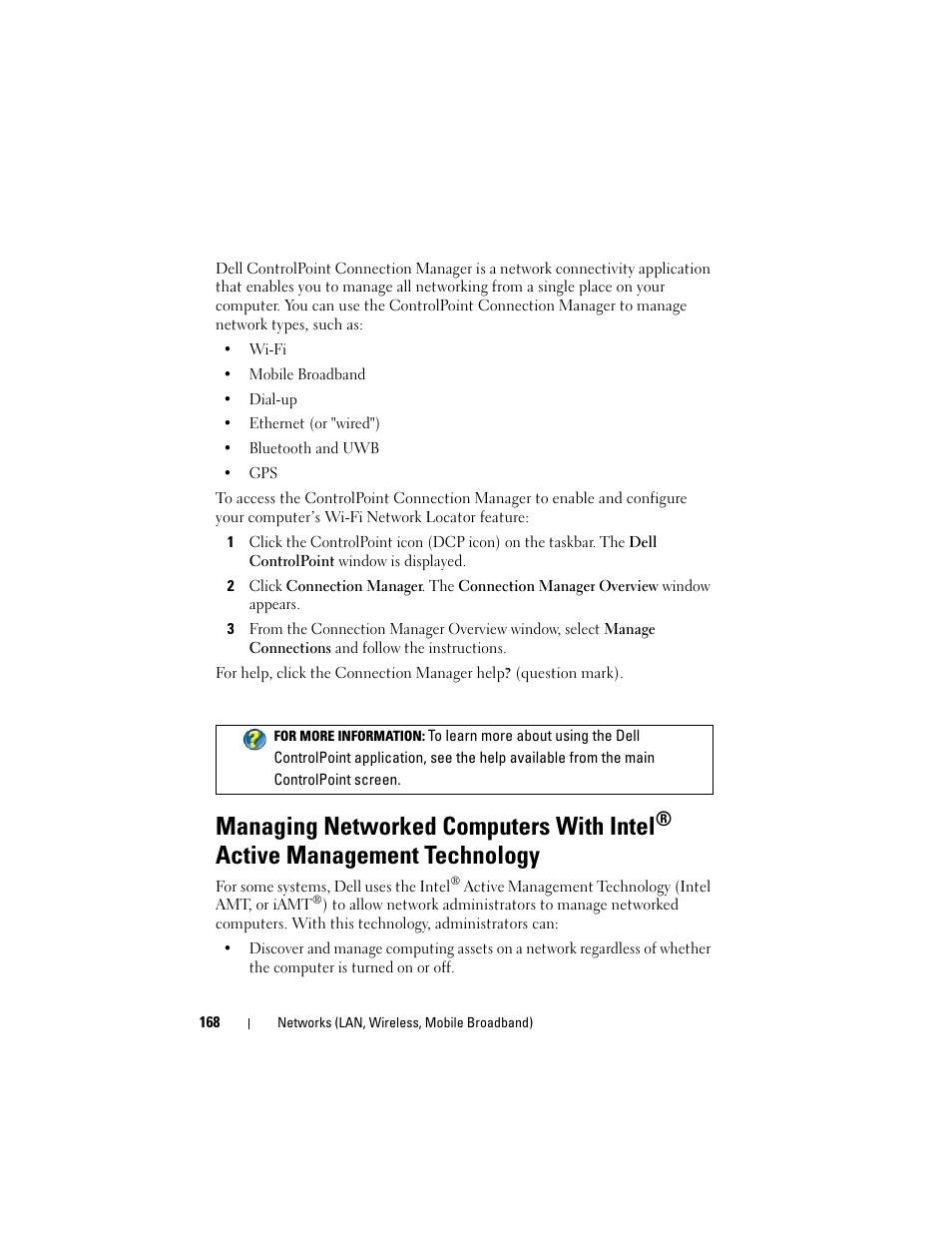 Managing networked computers with intel, Active management technology | Dell Studio 1558 (Early 2010) User Manual | Page 168 / 354
