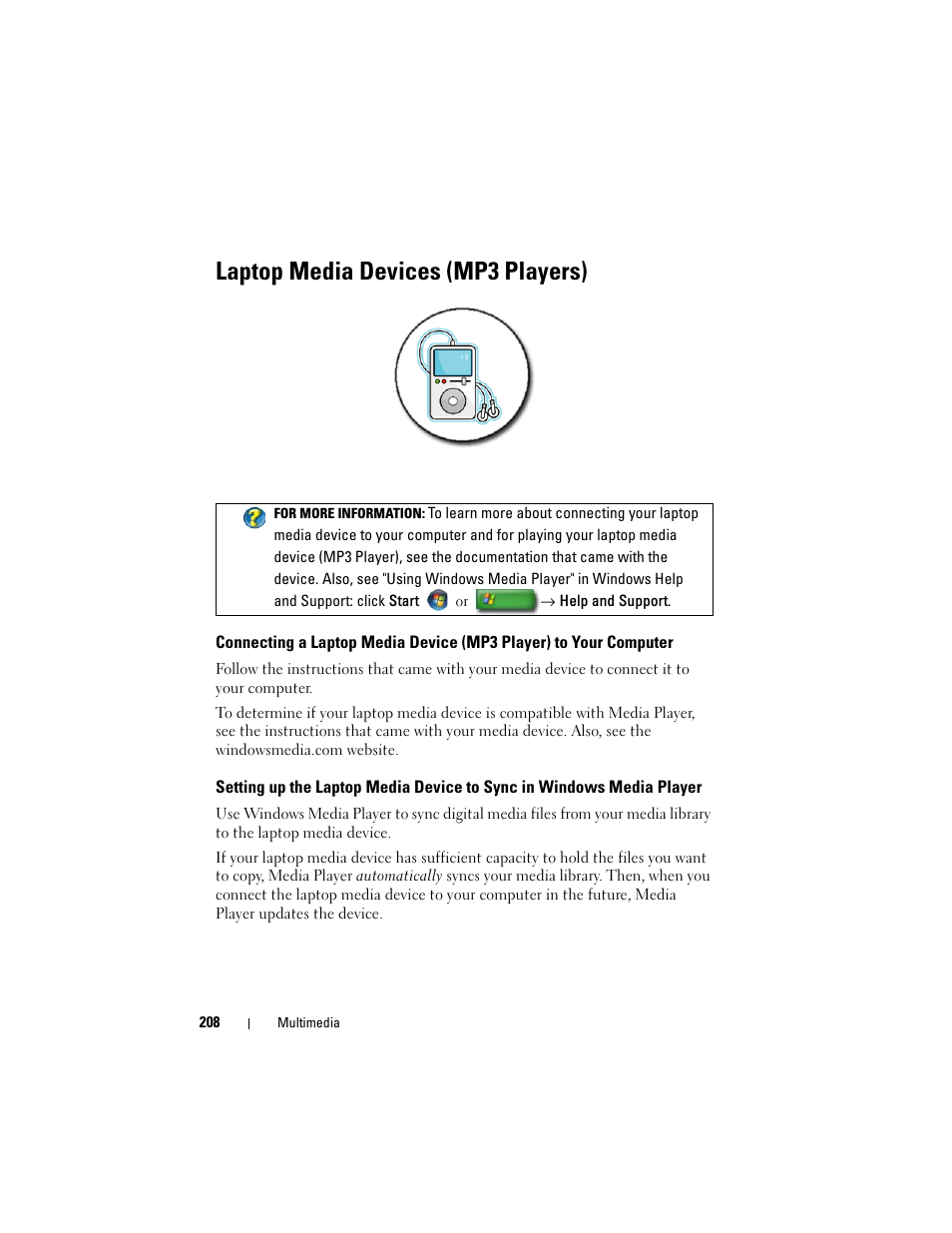 Laptop media devices (mp3 players) | Dell Studio 1558 (Early 2010) User Manual | Page 208 / 354