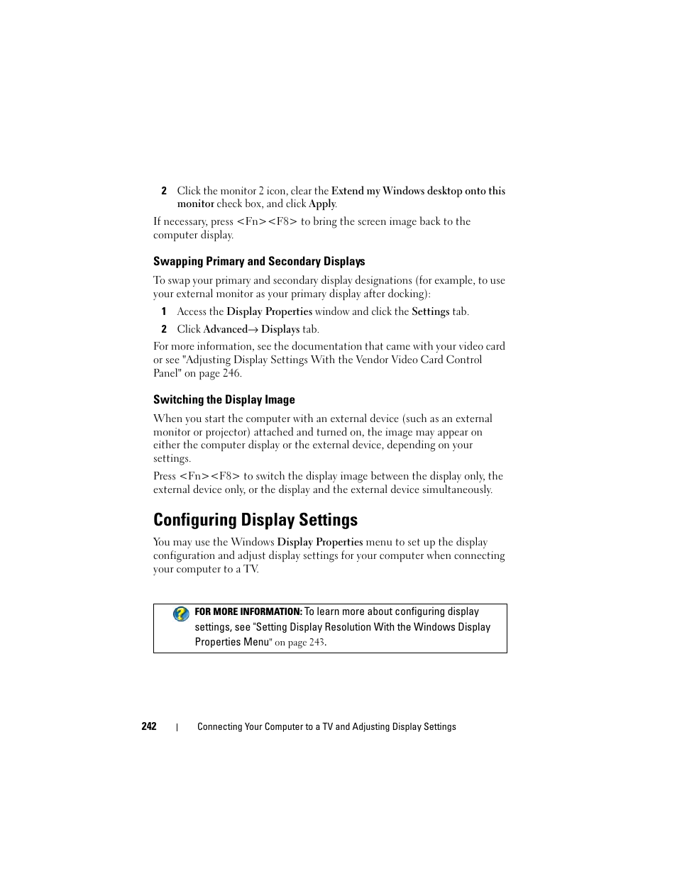 Swapping primary and secondary displays, Switching the display image, Configuring display settings | Dell Studio 1558 (Early 2010) User Manual | Page 242 / 354
