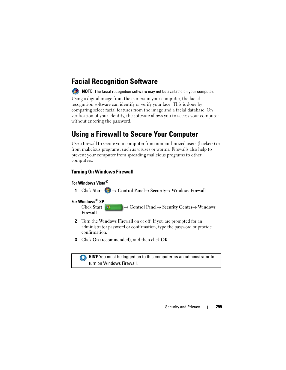 Facial recognition software, Using a firewall to secure your computer, Turning on windows firewall | Dell Studio 1558 (Early 2010) User Manual | Page 255 / 354