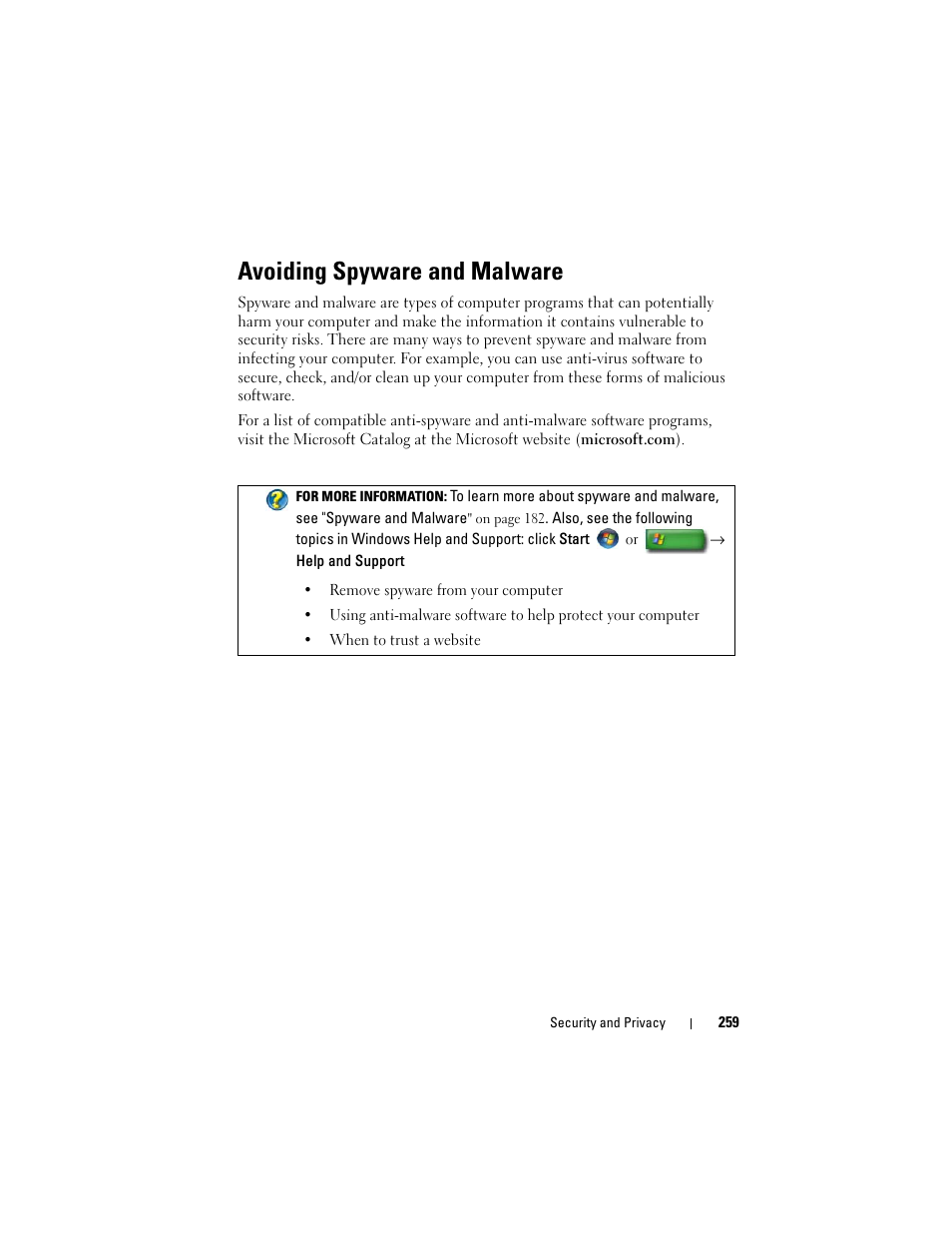 Avoiding spyware and malware | Dell Studio 1558 (Early 2010) User Manual | Page 259 / 354