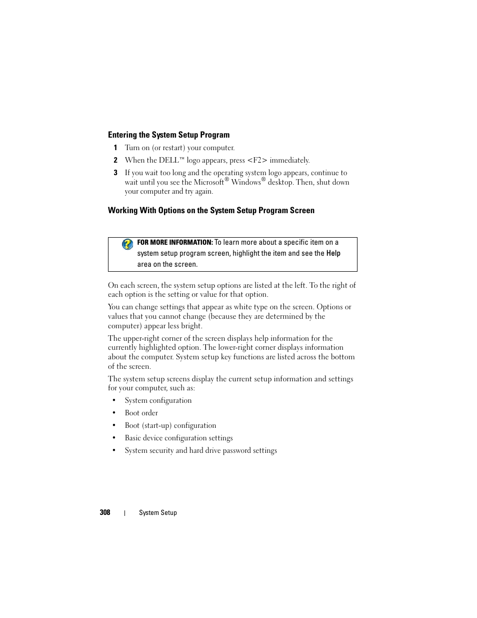 Entering the system setup program | Dell Studio 1558 (Early 2010) User Manual | Page 308 / 354