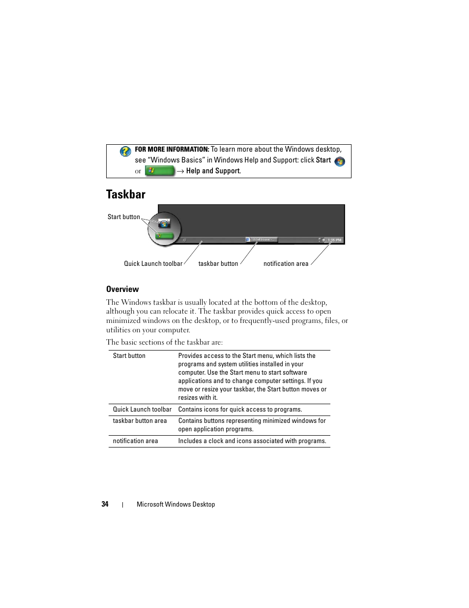 Taskbar, Overview | Dell Studio 1558 (Early 2010) User Manual | Page 34 / 354
