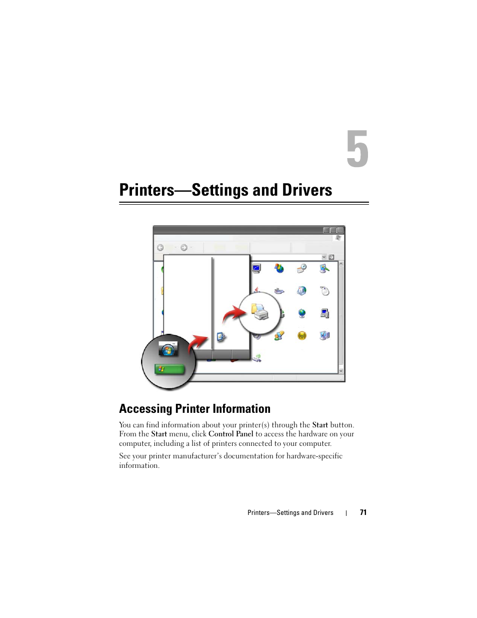 Printers-settings and drivers, Accessing printer information, Printers—settings and drivers | Dell Studio 1558 (Early 2010) User Manual | Page 71 / 354