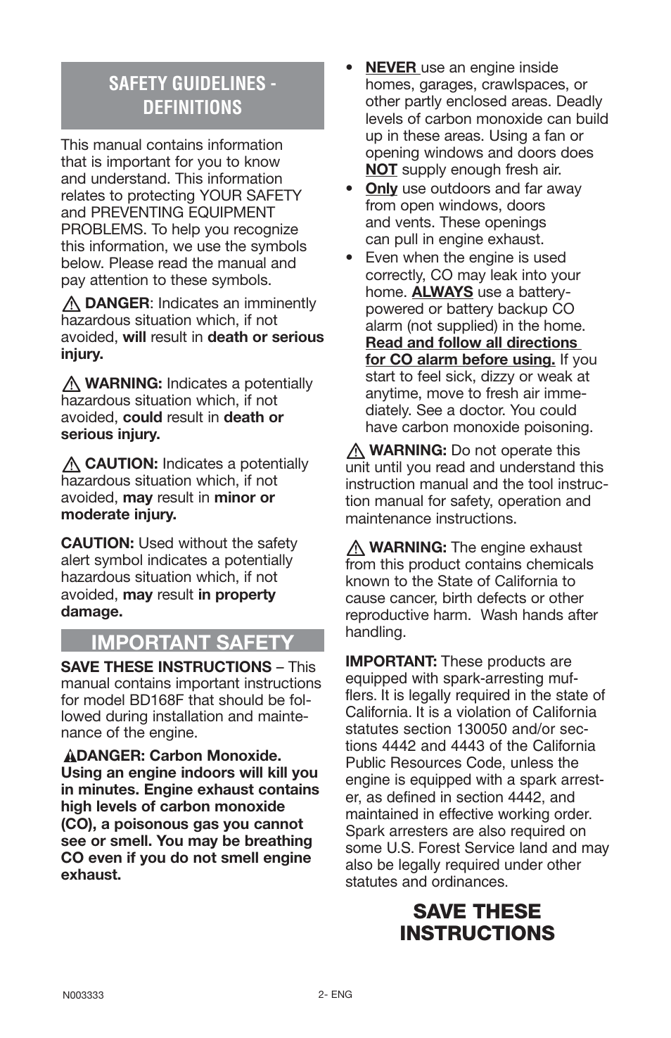 Important safety, Save these instructions, Safety guidelines - definitions | Black & Decker BD168F User Manual | Page 2 / 68