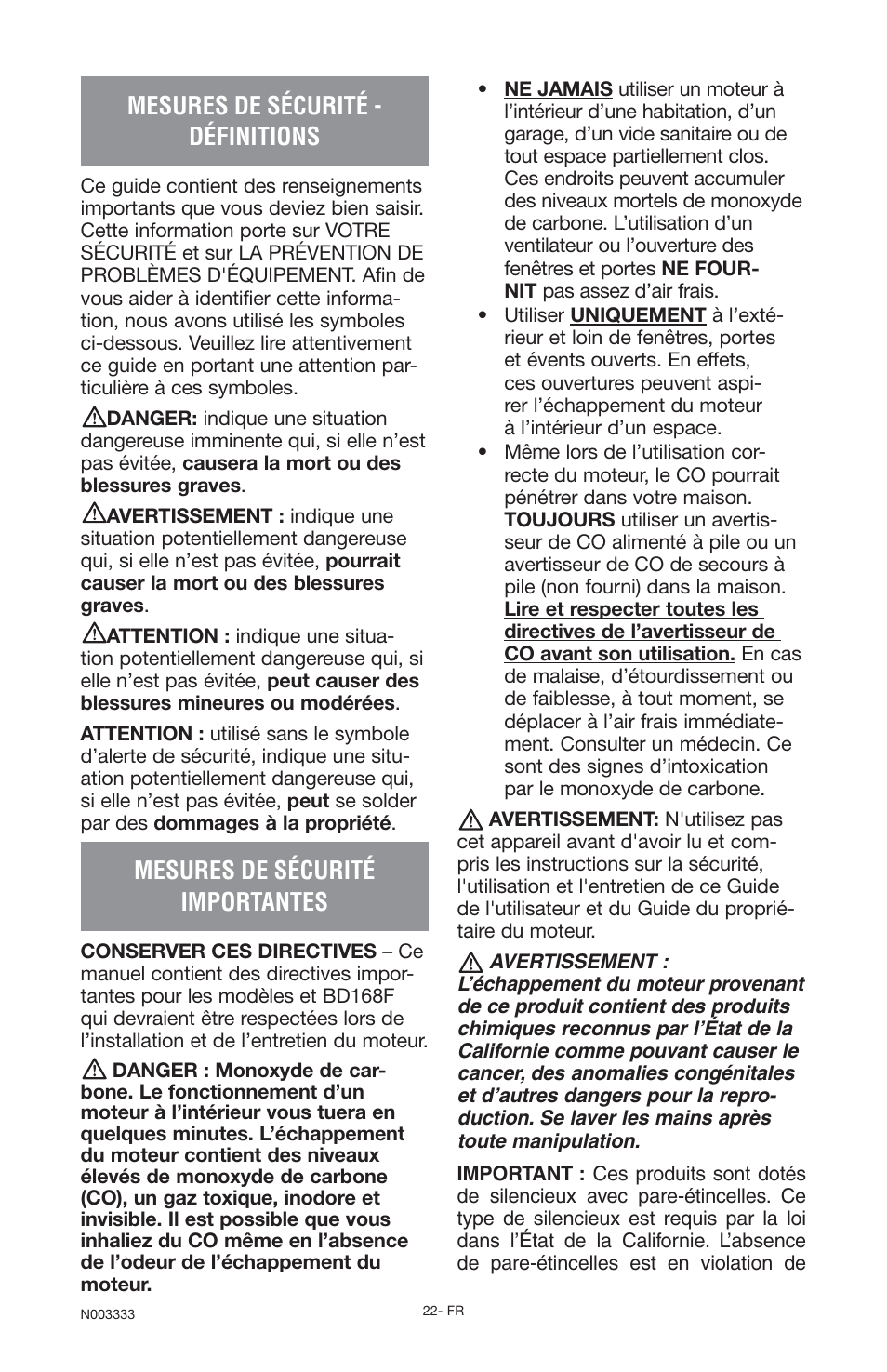 Mesures de sécurité - définitions, Mesures de sécurité importantes | Black & Decker BD168F User Manual | Page 22 / 68