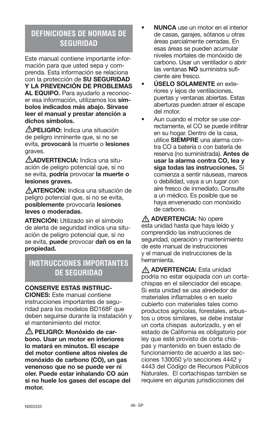 Definiciones de normas de seguridad, Instrucciones importantes de seguridad | Black & Decker BD168F User Manual | Page 46 / 68