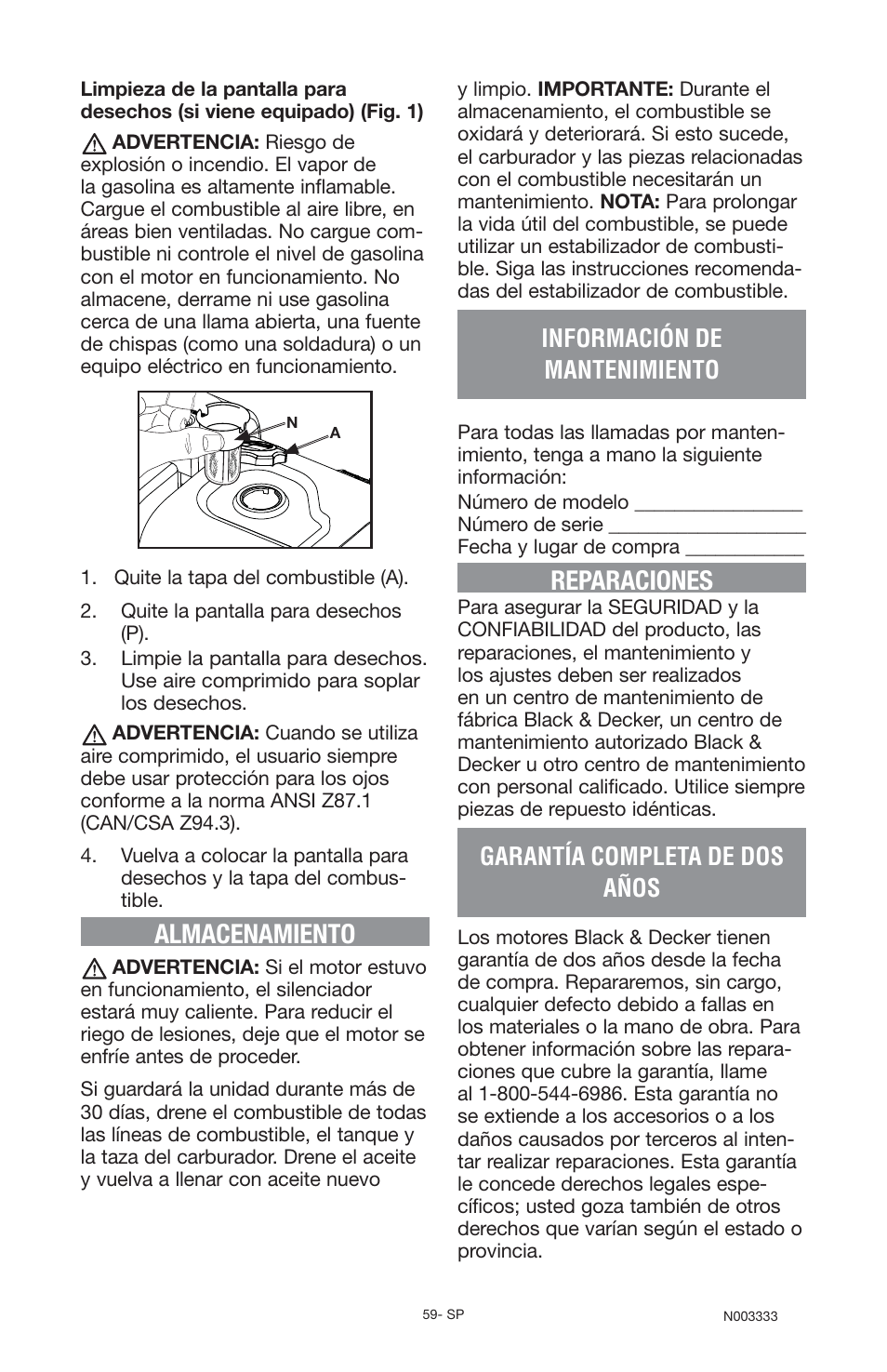 Almacenamiento, Reparaciones, Información de mantenimiento | Garantía completa de dos años | Black & Decker BD168F User Manual | Page 59 / 68