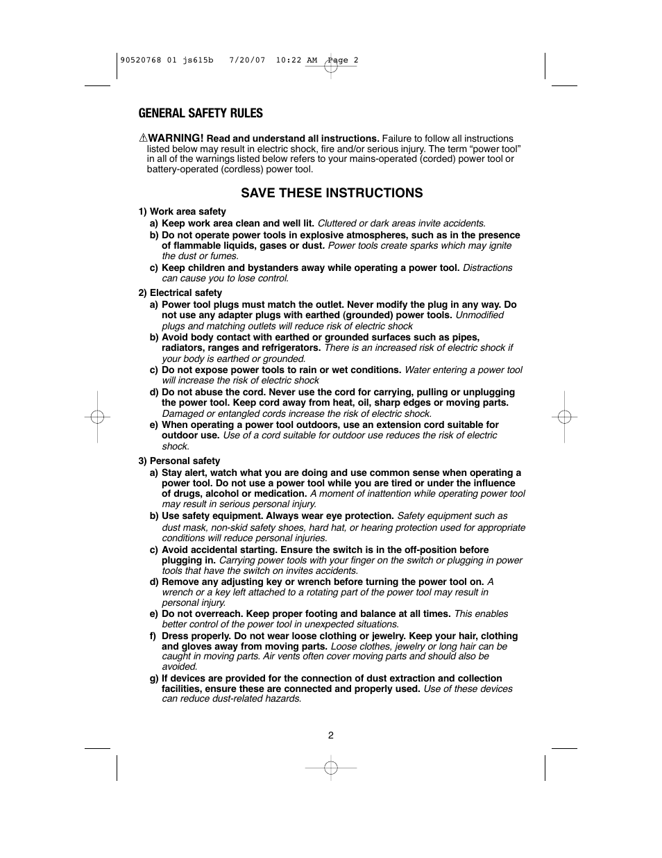 General safety rules, Save these instructions | Black & Decker JS630GB User Manual | Page 2 / 32