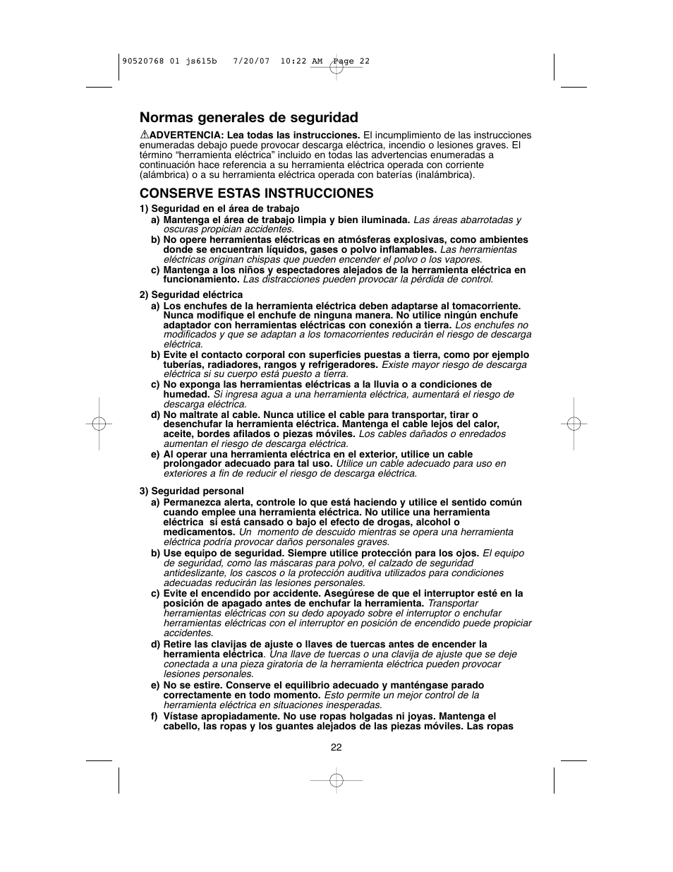 Normas generales de seguridad, Conserve estas instrucciones | Black & Decker JS630GB User Manual | Page 22 / 32