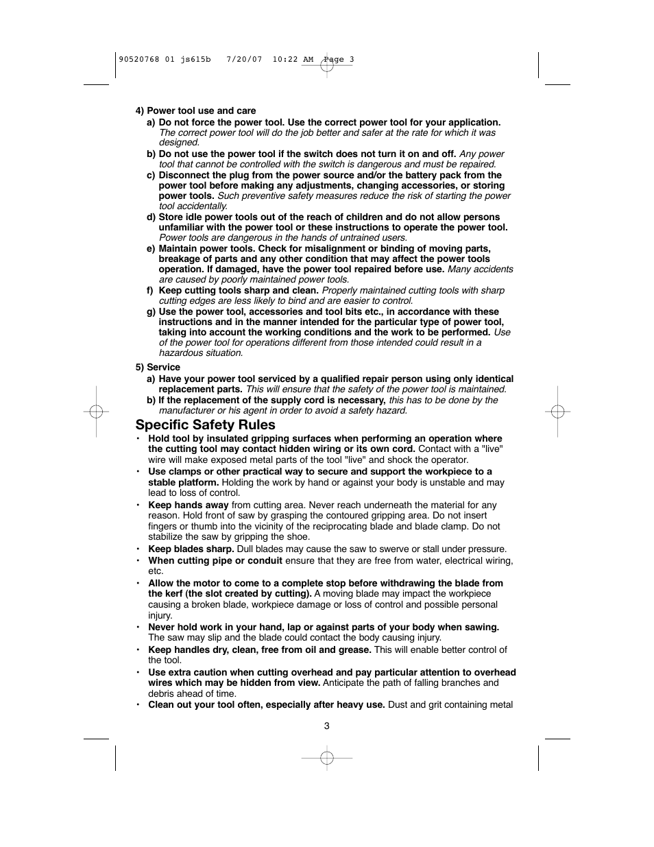 Specific safety rules | Black & Decker JS630GB User Manual | Page 3 / 32