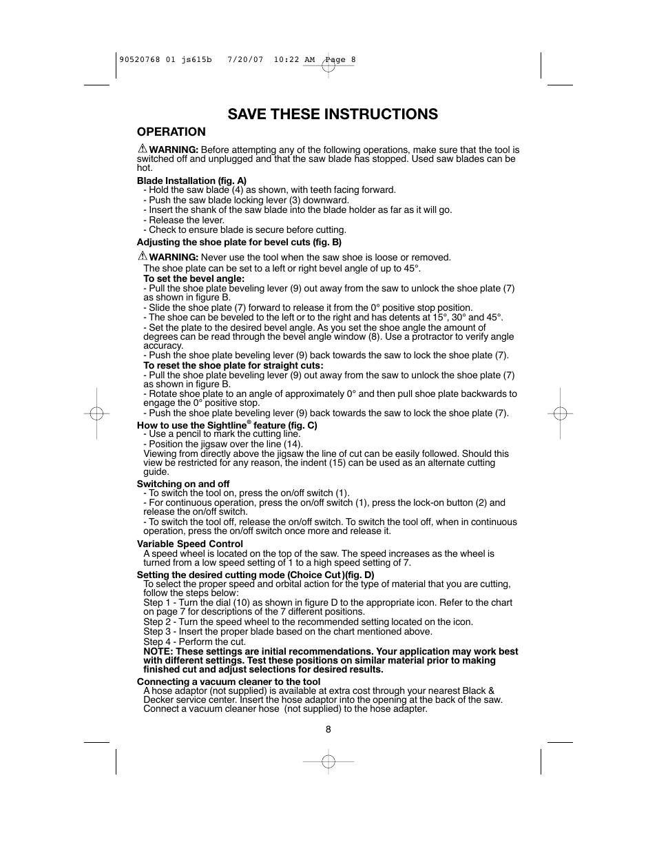 Save these instructions | Black & Decker JS630GB User Manual | Page 8 / 32