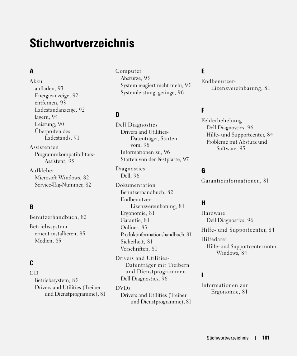 Stichwortverzeichnis | Dell Latitude D630 ATG (Mid 2007) User Manual | Page 101 / 176