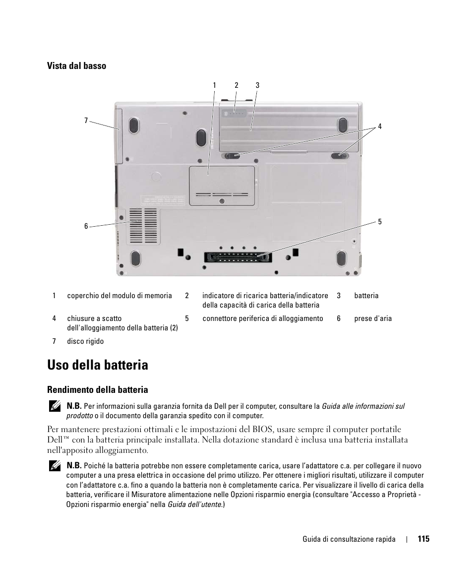 Vista dal basso, Uso della batteria, Rendimento della batteria | Dell Latitude D630 ATG (Mid 2007) User Manual | Page 115 / 176