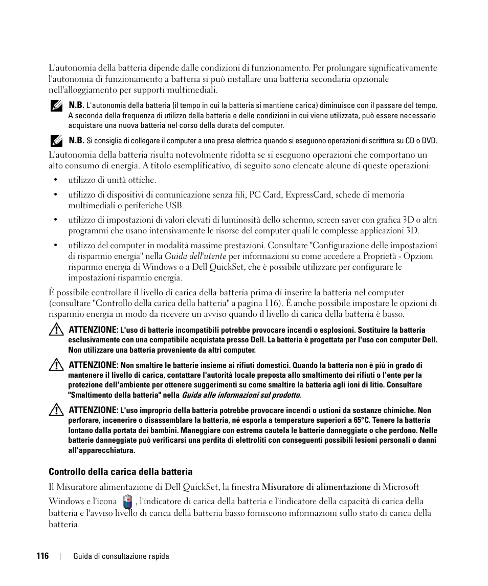Controllo della carica della batteria | Dell Latitude D630 ATG (Mid 2007) User Manual | Page 116 / 176
