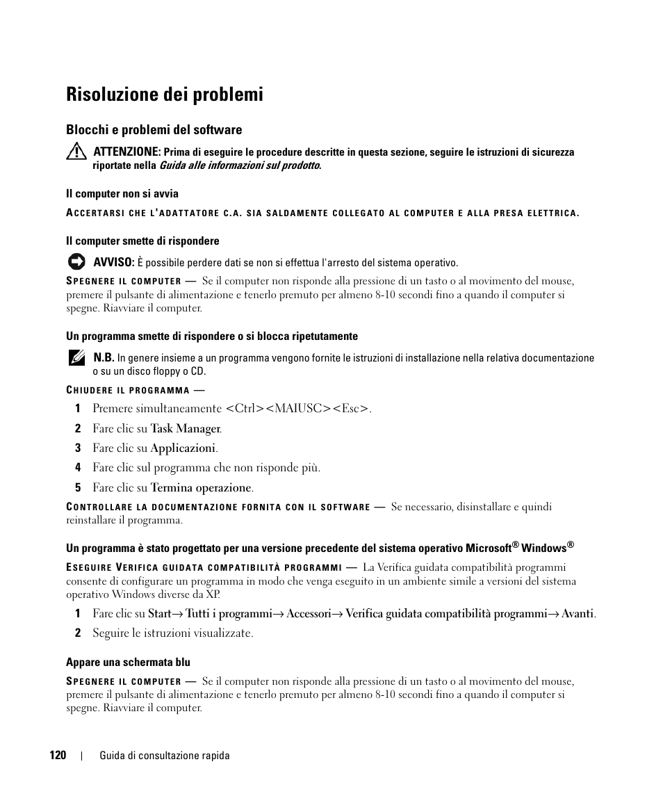 Risoluzione dei problemi, Blocchi e problemi del software | Dell Latitude D630 ATG (Mid 2007) User Manual | Page 120 / 176