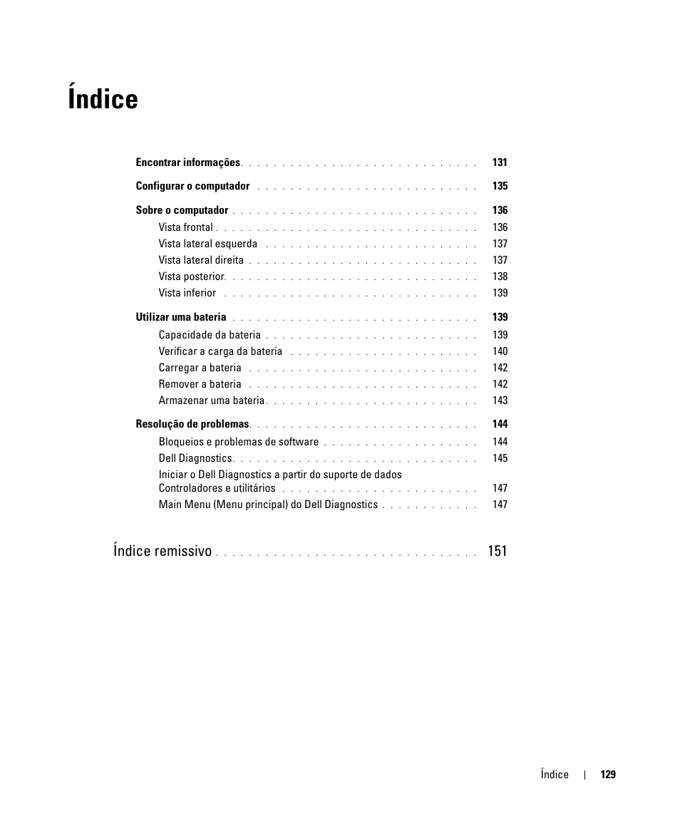 Índice, Índice remissivo | Dell Latitude D630 ATG (Mid 2007) User Manual | Page 129 / 176