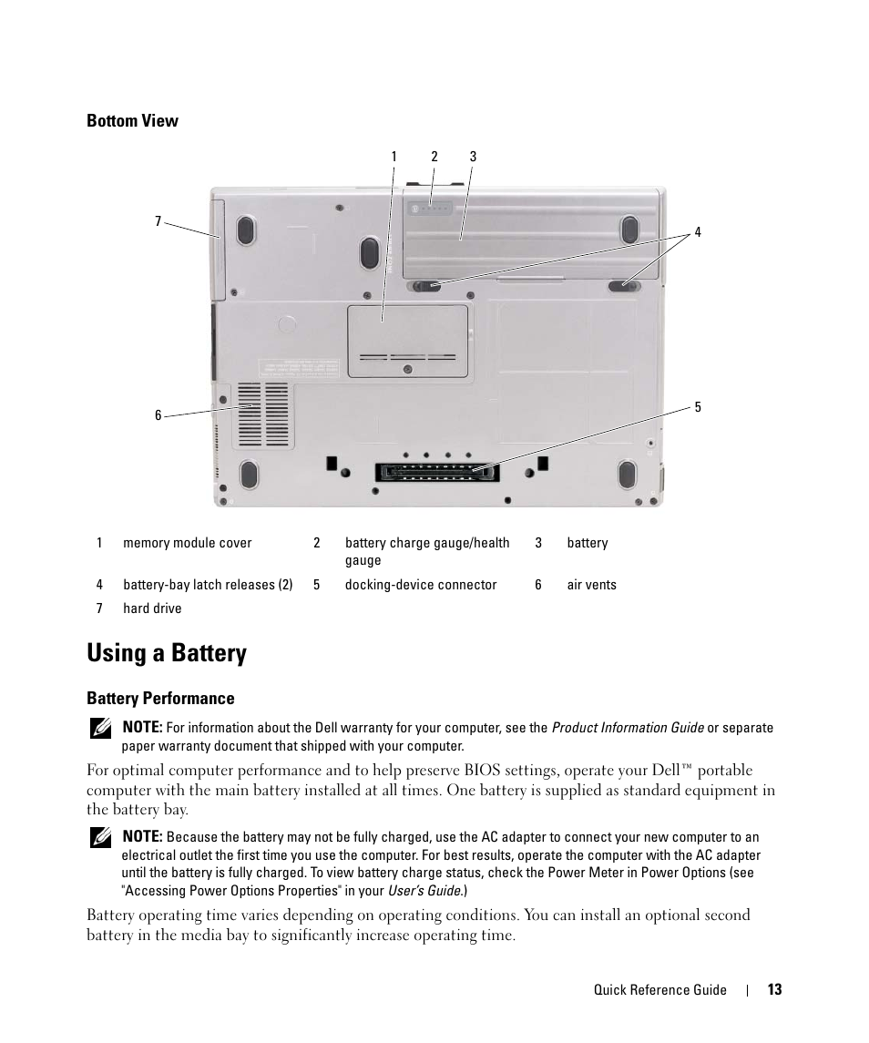 Bottom view, Using a battery, Battery performance | Dell Latitude D630 ATG (Mid 2007) User Manual | Page 13 / 176