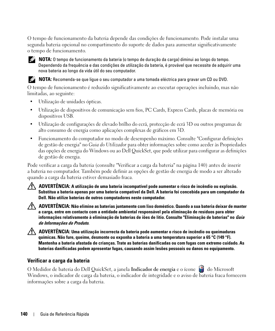 Verificar a carga da bateria | Dell Latitude D630 ATG (Mid 2007) User Manual | Page 140 / 176