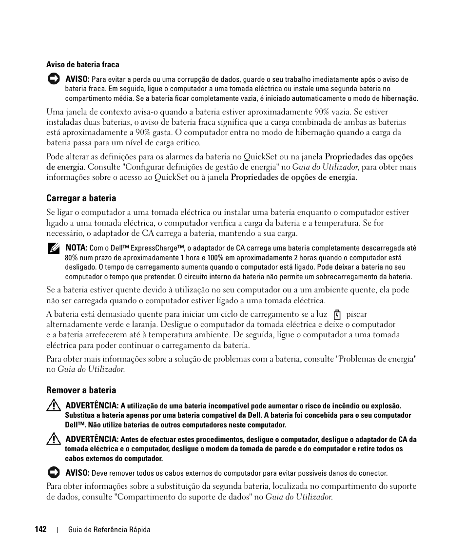 Carregar a bateria, Remover a bateria | Dell Latitude D630 ATG (Mid 2007) User Manual | Page 142 / 176
