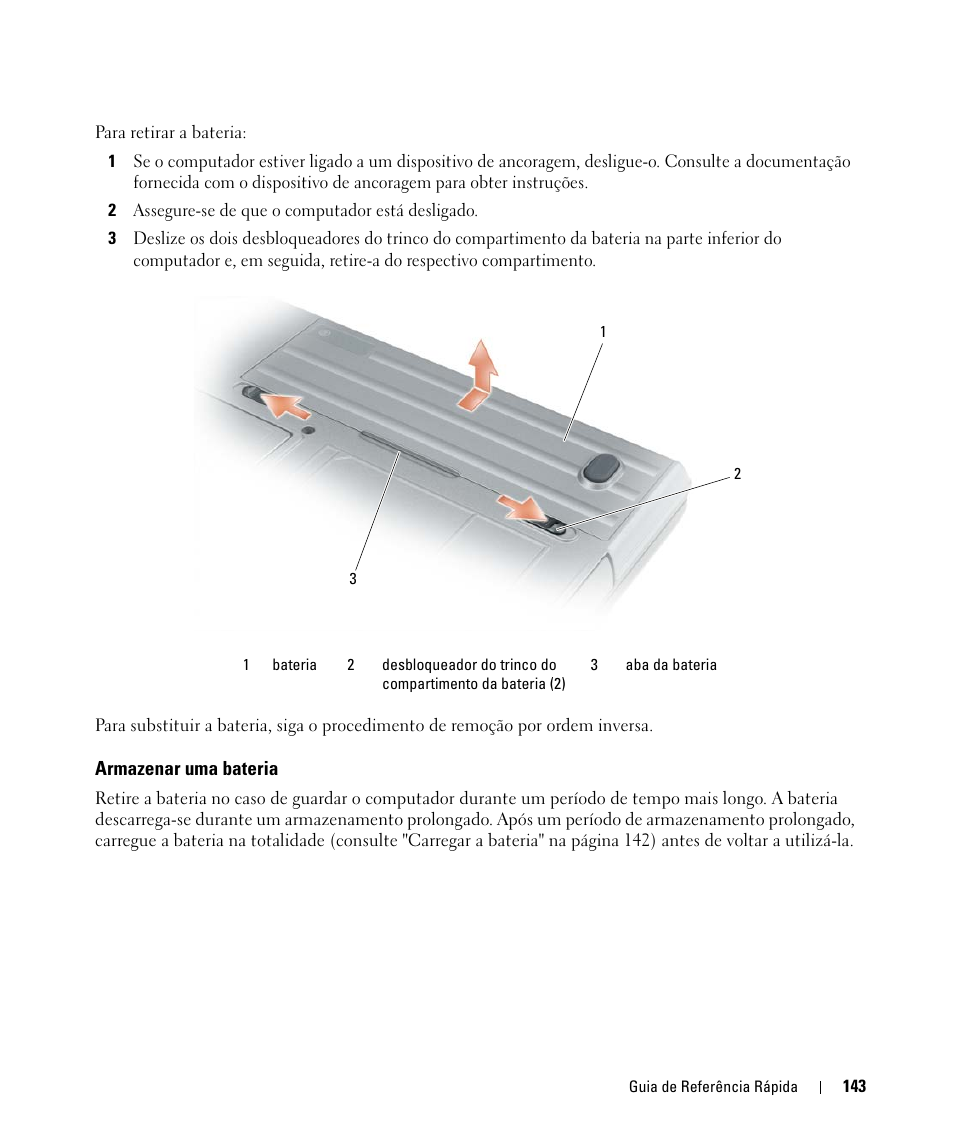 Armazenar uma bateria | Dell Latitude D630 ATG (Mid 2007) User Manual | Page 143 / 176