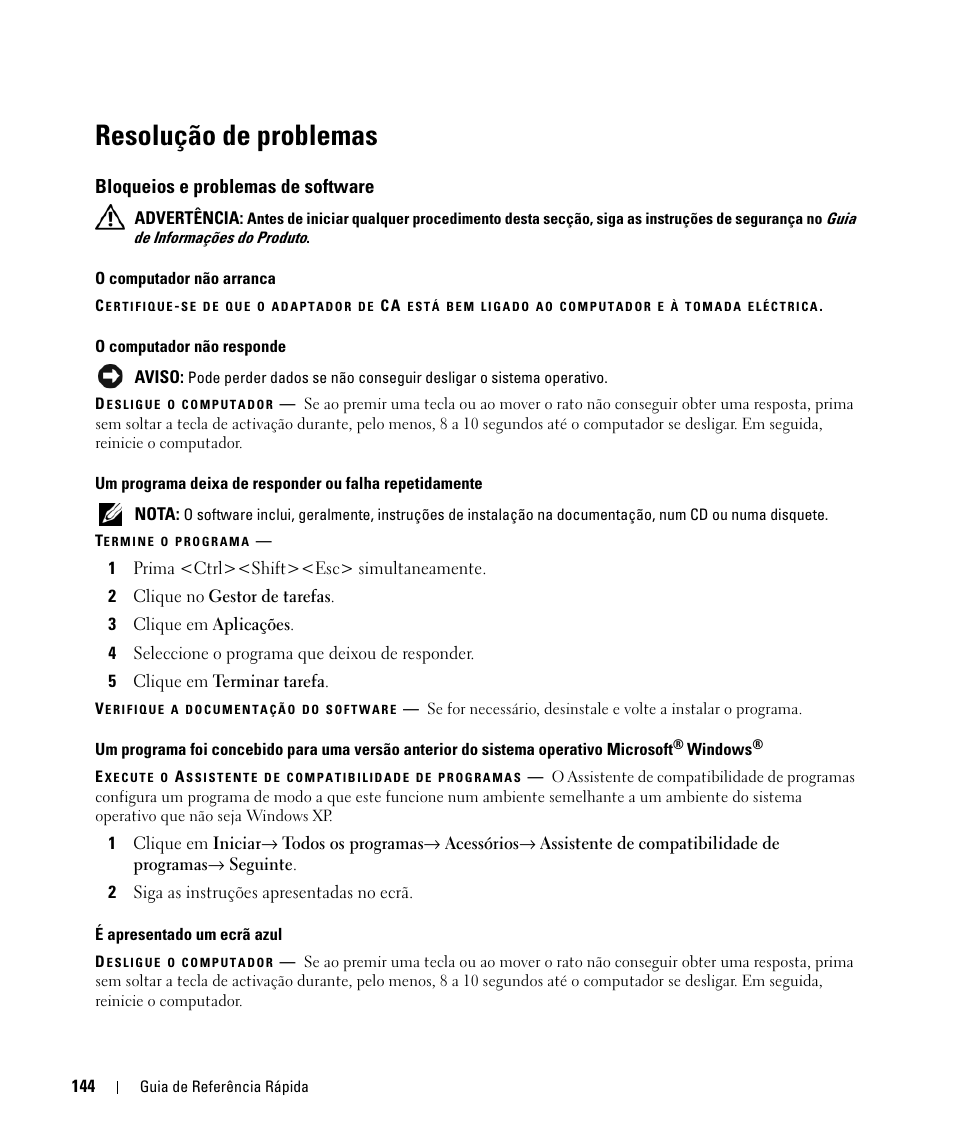 Resolução de problemas, Bloqueios e problemas de software | Dell Latitude D630 ATG (Mid 2007) User Manual | Page 144 / 176