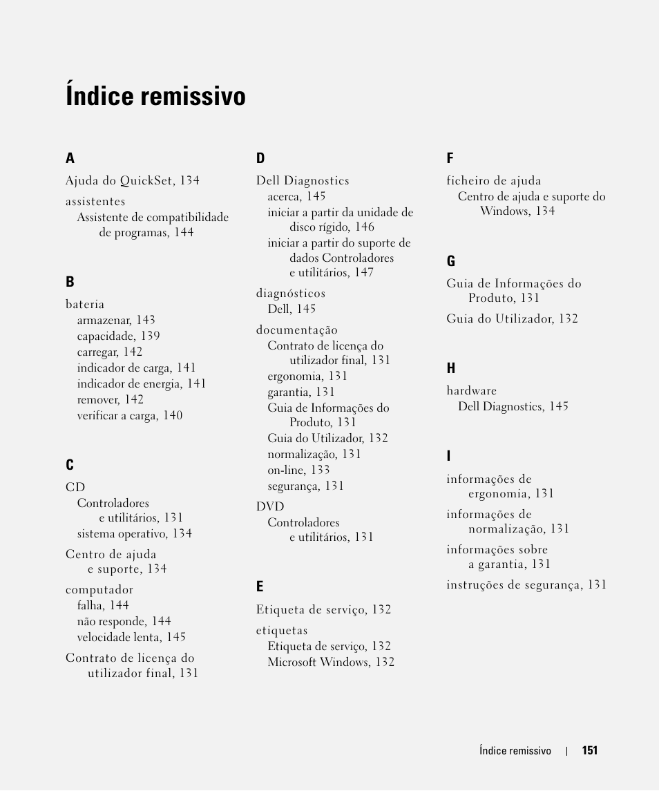 Índice remissivo | Dell Latitude D630 ATG (Mid 2007) User Manual | Page 151 / 176