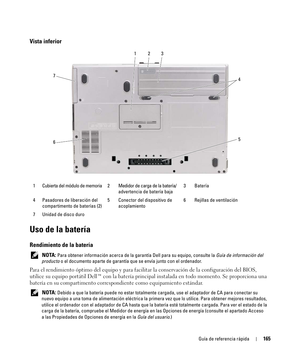 Vista inferior, Uso de la batería, Rendimiento de la batería | Dell Latitude D630 ATG (Mid 2007) User Manual | Page 165 / 176