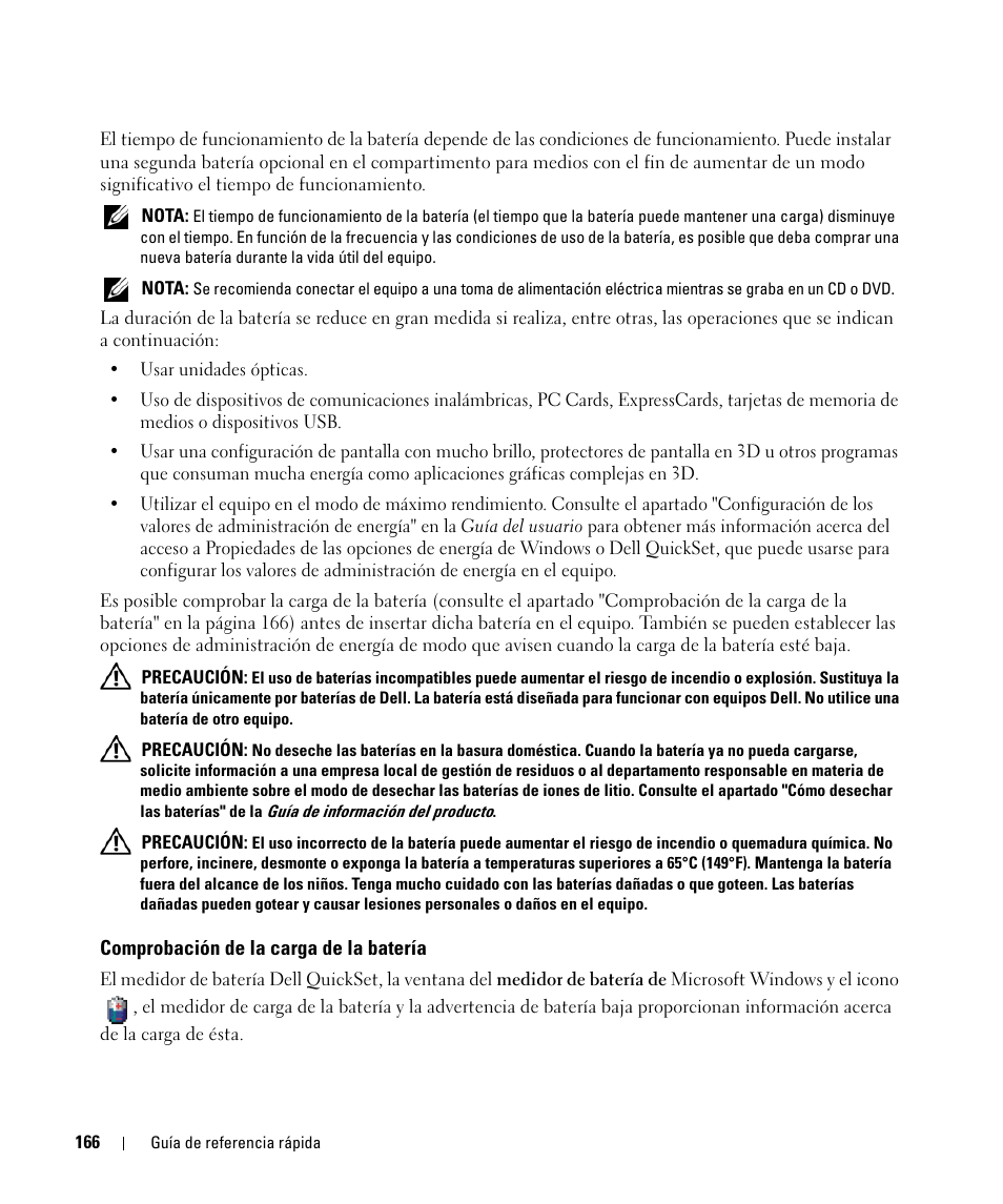 Comprobación de la carga de la batería | Dell Latitude D630 ATG (Mid 2007) User Manual | Page 166 / 176