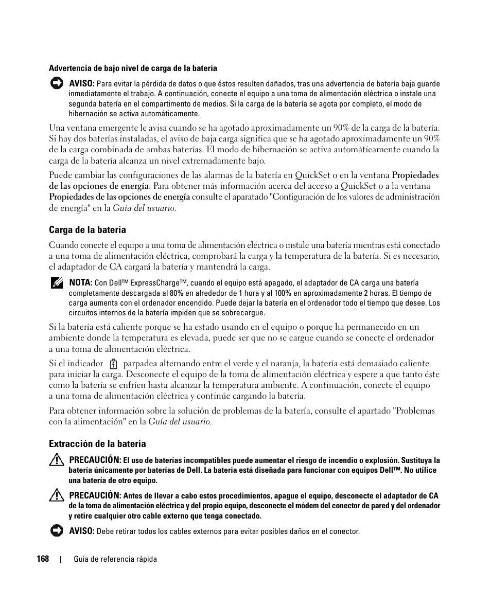 Carga de la batería, Extracción de la batería | Dell Latitude D630 ATG (Mid 2007) User Manual | Page 168 / 176