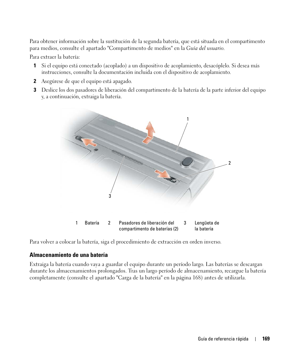 Almacenamiento de una batería | Dell Latitude D630 ATG (Mid 2007) User Manual | Page 169 / 176