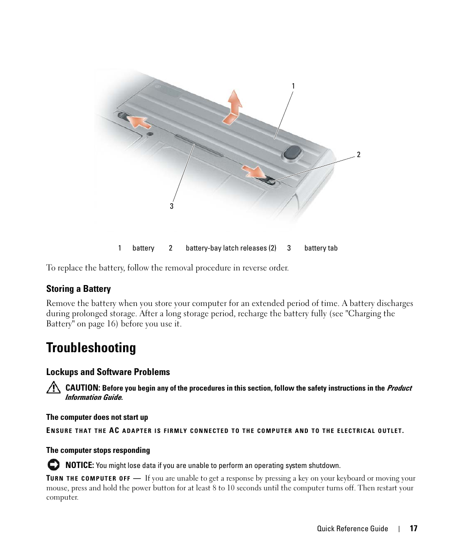 Storing a battery, Troubleshooting, Lockups and software problems | Dell Latitude D630 ATG (Mid 2007) User Manual | Page 17 / 176