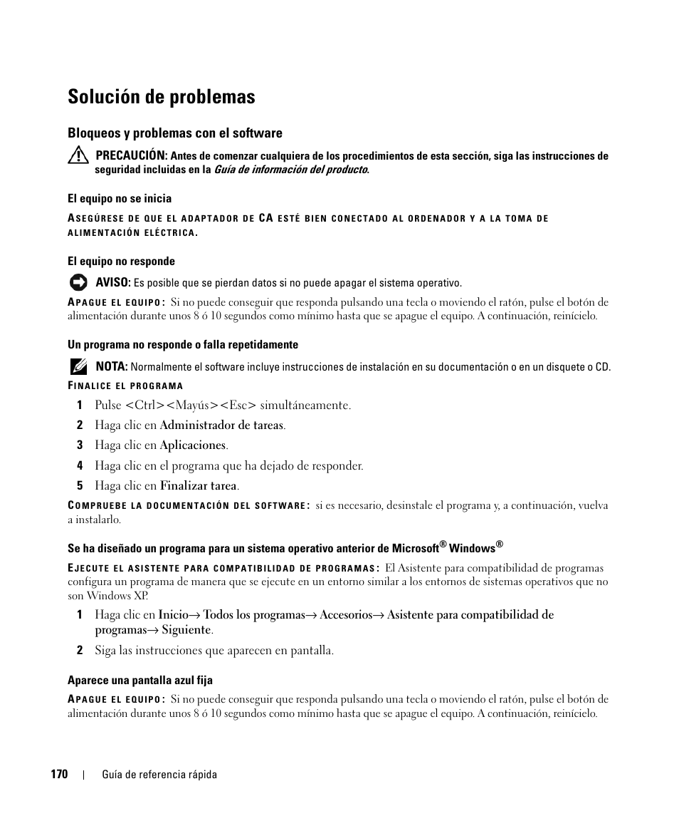 Solución de problemas, Bloqueos y problemas con el software | Dell Latitude D630 ATG (Mid 2007) User Manual | Page 170 / 176