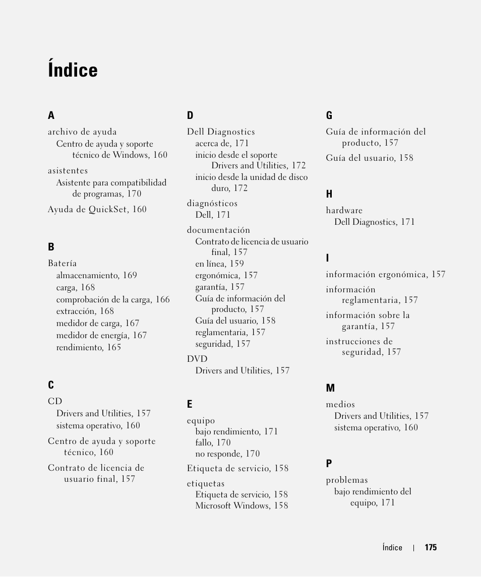 Índice | Dell Latitude D630 ATG (Mid 2007) User Manual | Page 175 / 176