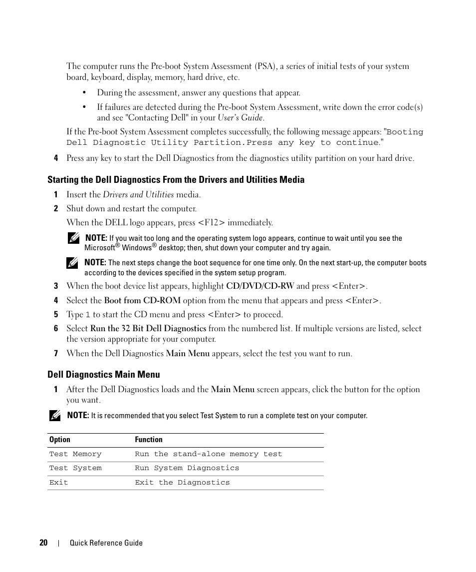 Dell diagnostics main menu | Dell Latitude D630 ATG (Mid 2007) User Manual | Page 20 / 176