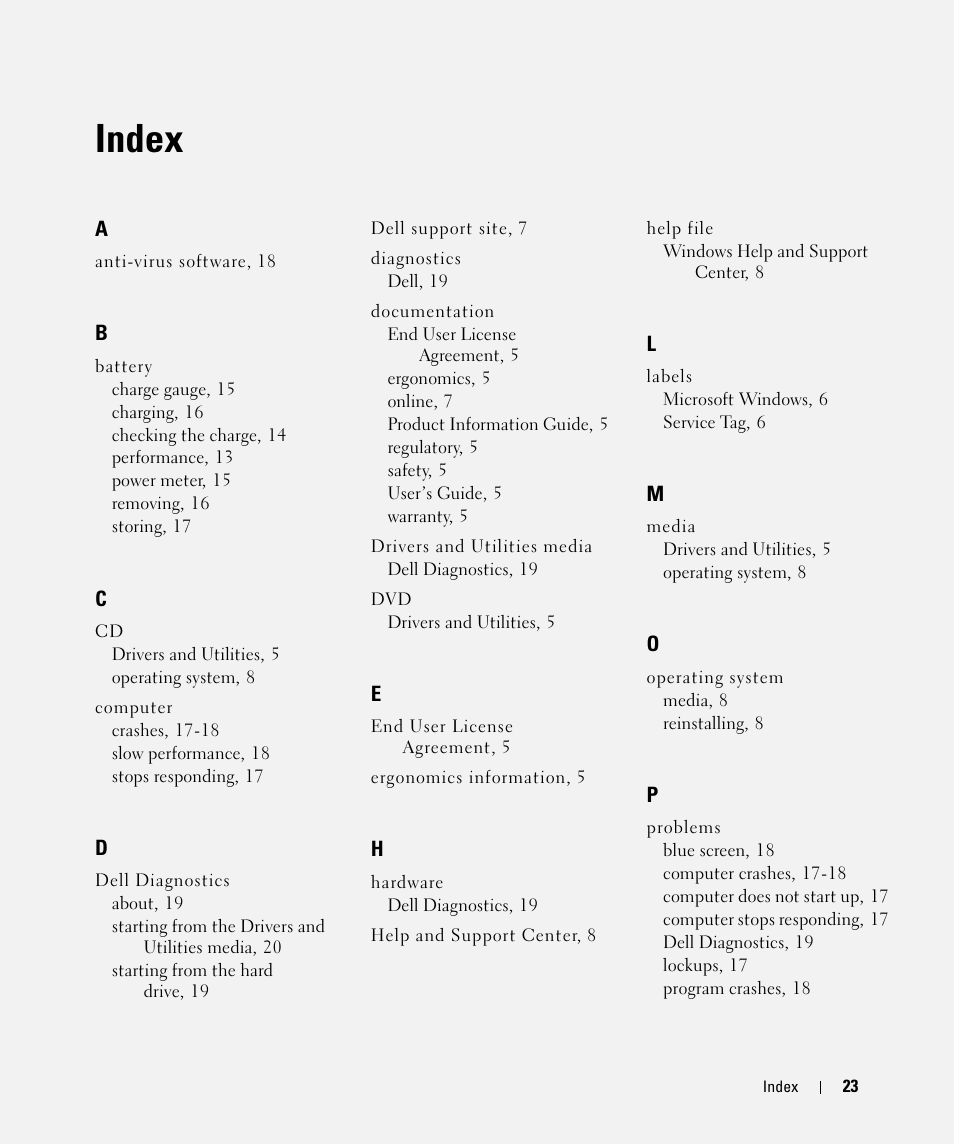 Index | Dell Latitude D630 ATG (Mid 2007) User Manual | Page 23 / 176
