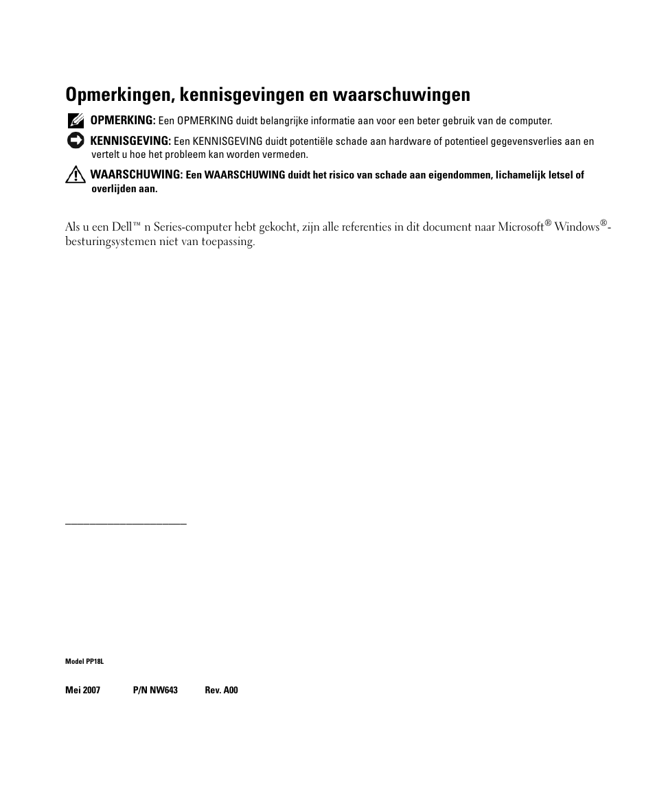 Opmerkingen, kennisgevingen en waarschuwingen | Dell Latitude D630 ATG (Mid 2007) User Manual | Page 26 / 176
