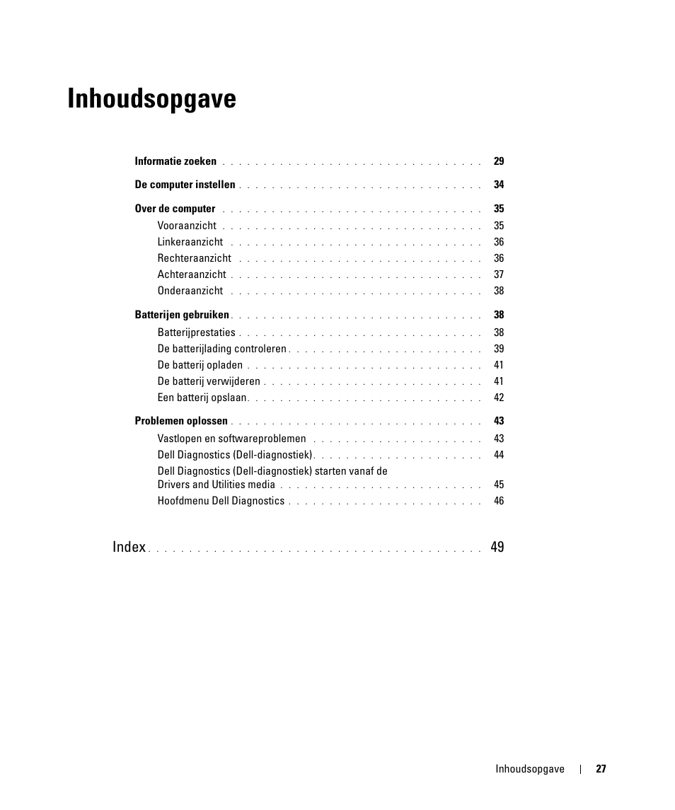 Inhoudsopgave, Index | Dell Latitude D630 ATG (Mid 2007) User Manual | Page 27 / 176