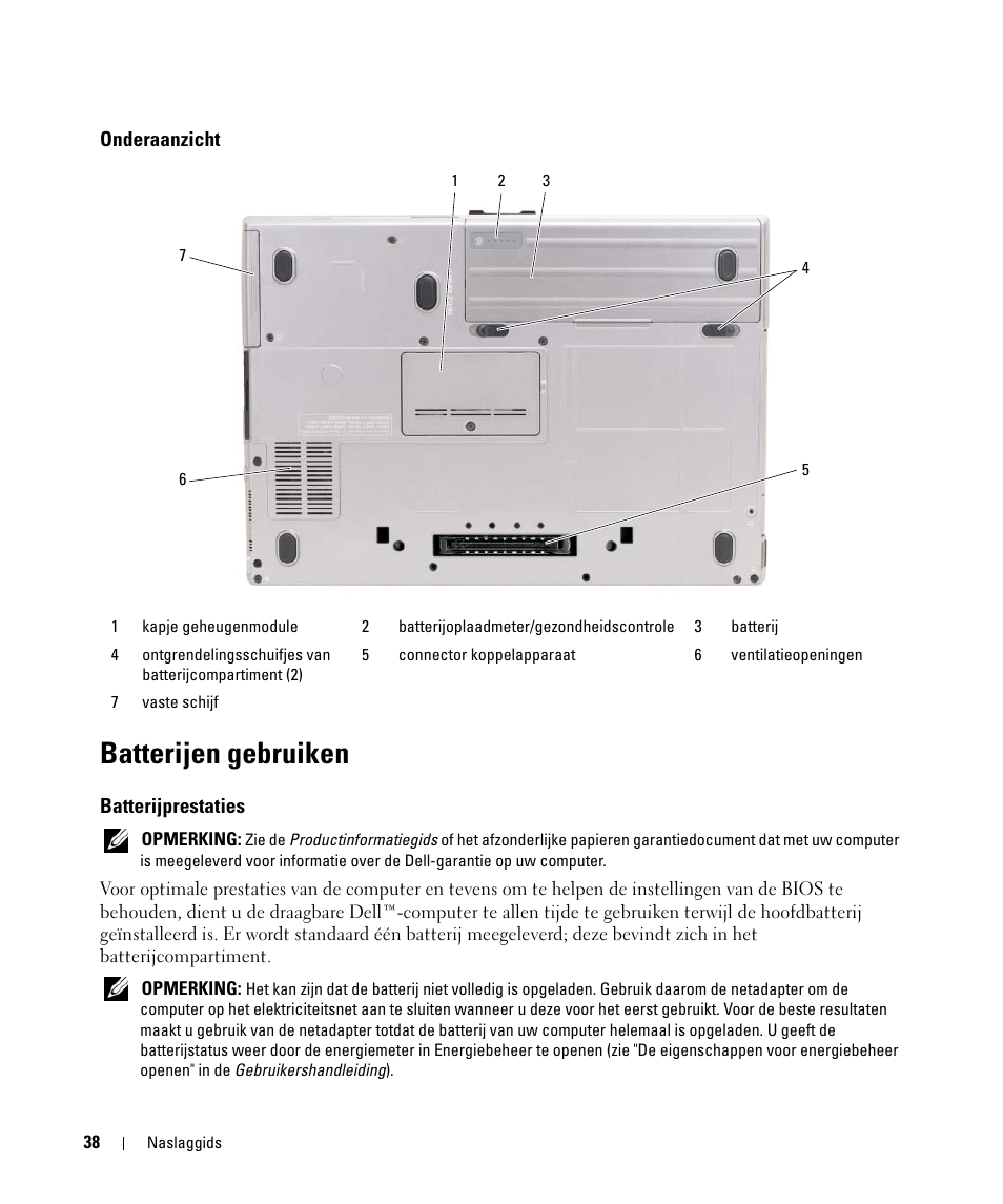 Onderaanzicht, Batterijen gebruiken, Batterijprestaties | Dell Latitude D630 ATG (Mid 2007) User Manual | Page 38 / 176