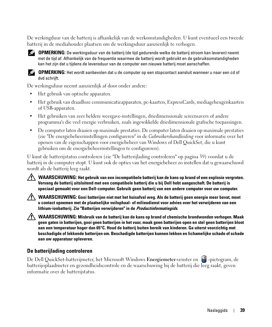 De batterijlading controleren | Dell Latitude D630 ATG (Mid 2007) User Manual | Page 39 / 176