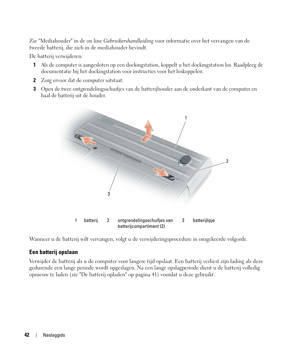 Een batterij opslaan | Dell Latitude D630 ATG (Mid 2007) User Manual | Page 42 / 176