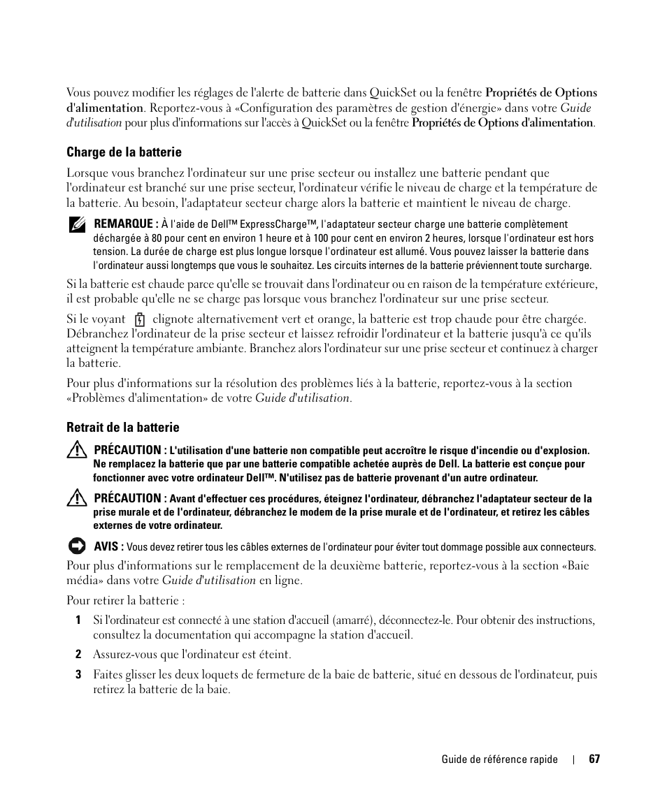 Charge de la batterie, Retrait de la batterie | Dell Latitude D630 ATG (Mid 2007) User Manual | Page 67 / 176