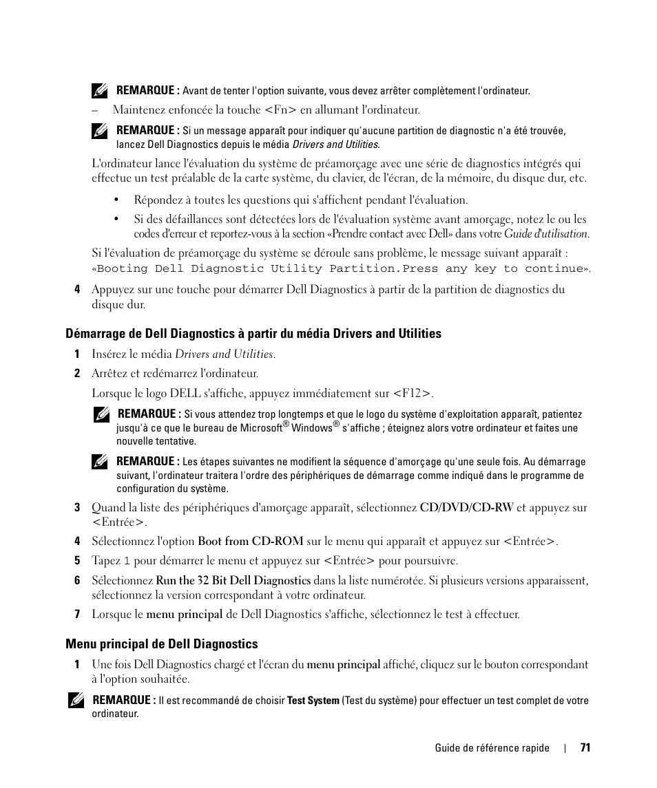 Menu principal de dell diagnostics | Dell Latitude D630 ATG (Mid 2007) User Manual | Page 71 / 176