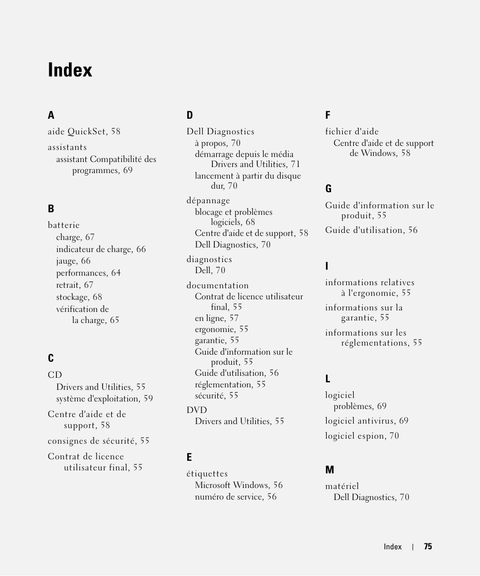 Index | Dell Latitude D630 ATG (Mid 2007) User Manual | Page 75 / 176