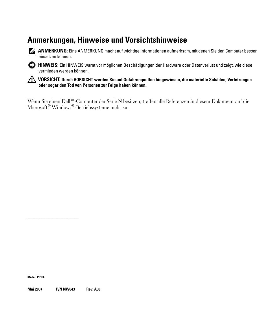 Anmerkungen, hinweise und vorsichtshinweise | Dell Latitude D630 ATG (Mid 2007) User Manual | Page 78 / 176